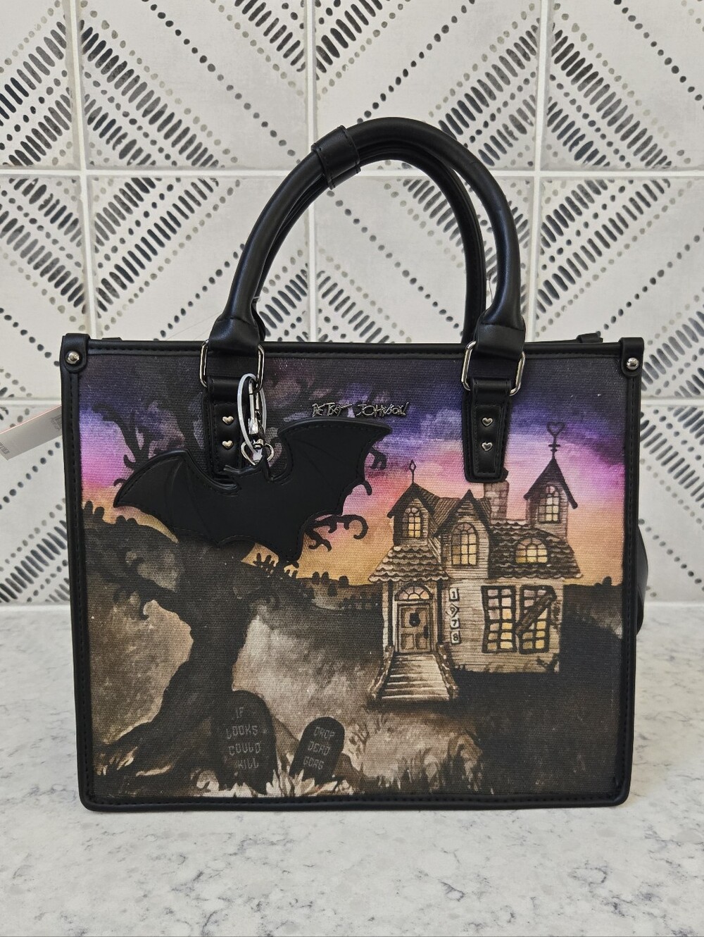 Betsey Johnson Haunted House Tote Handbag with Bat Charm